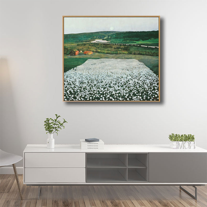 Country Flower Field Canvas Art Green and White Textured Painting for Dining Room