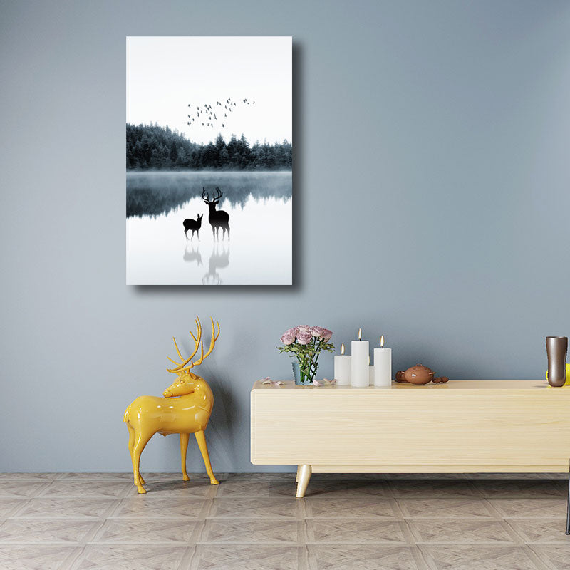 Reflection Wall Decor Contemporary Calming Deer and Forest Canvas Prints in Blue for Guest Room