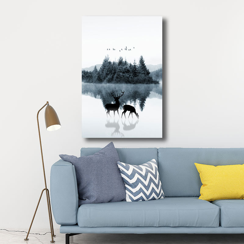 Reflection Wall Decor Contemporary Calming Deer and Forest Canvas Prints in Blue for Guest Room