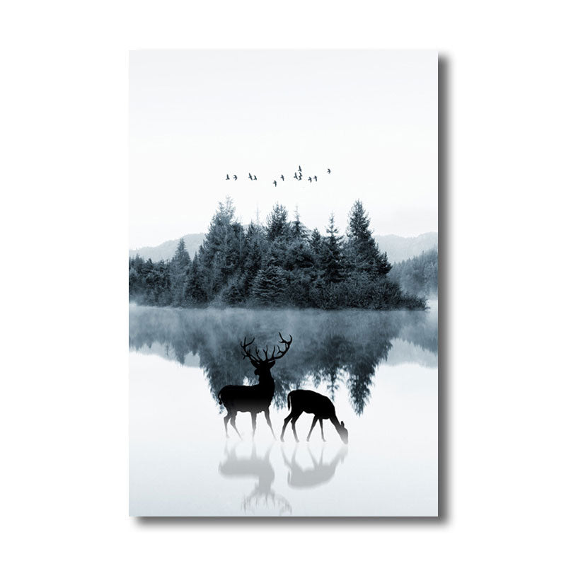 Reflection Wall Decor Contemporary Calming Deer and Forest Canvas Prints in Blue for Guest Room