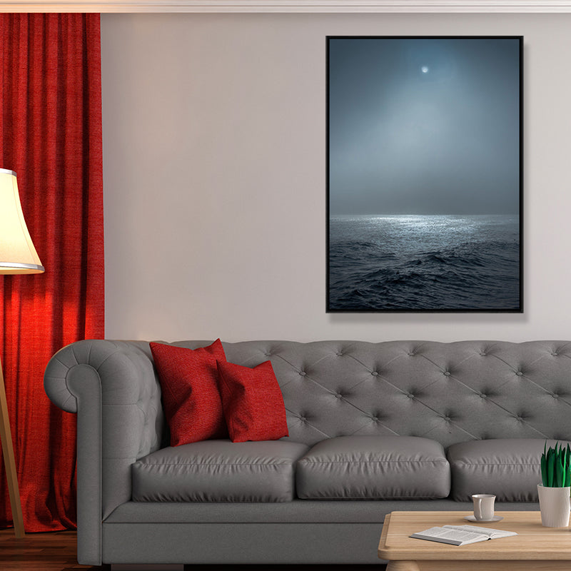 Photograph Style Modern Canvas Wall Art with Sea at Night Pattern in Blue for Bedroom