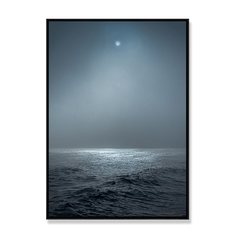 Photograph Style Modern Canvas Wall Art with Sea at Night Pattern in Blue for Bedroom