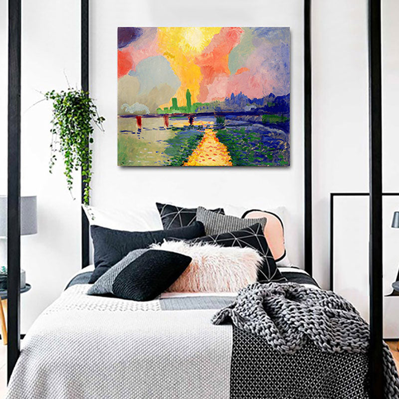 Scenery Canvas Wall Art Modern Stunning Charing Cross Bridge with Sunset Glow Painting in Pink