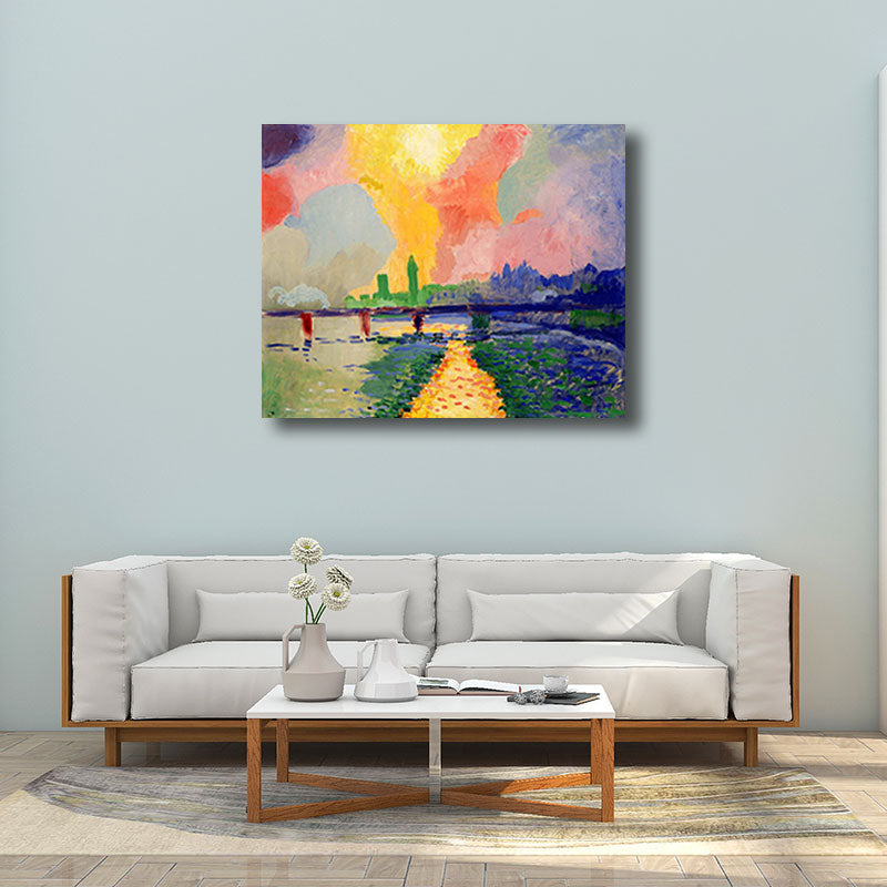 Scenery Canvas Wall Art Modern Stunning Charing Cross Bridge with Sunset Glow Painting in Pink