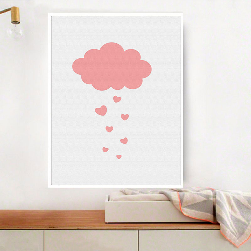 Modern Cloud and Heart Art Print Canvas Decorative Pink Paintings for Sleeping Room