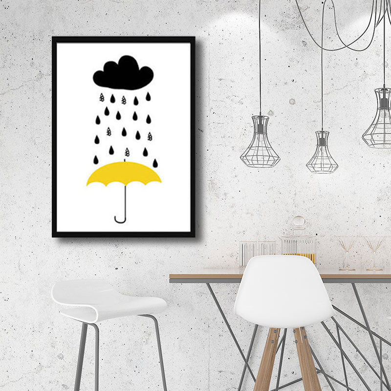 Modernist Umbrella and Raining Canvas White Art Print for Parlor, Multiple Sizes