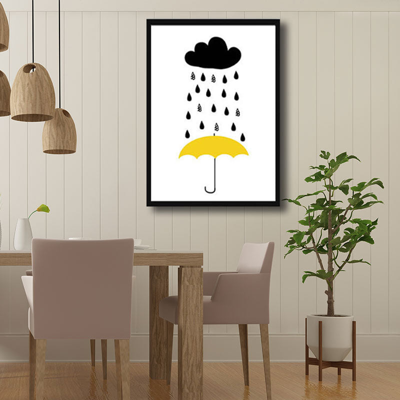 Modernist Umbrella and Raining Canvas White Art Print for Parlor, Multiple Sizes