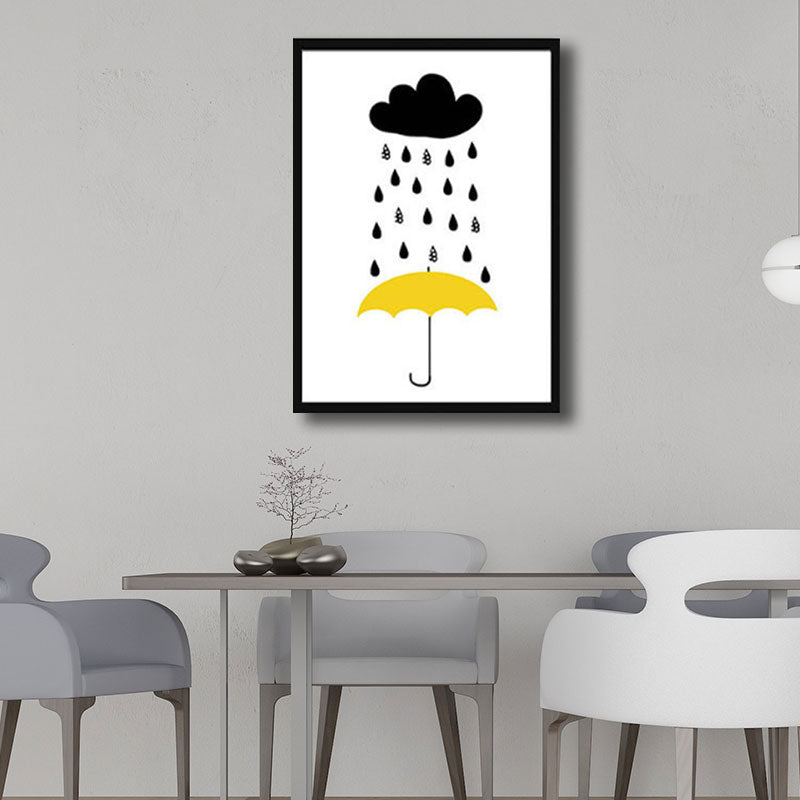 Modernist Umbrella and Raining Canvas White Art Print for Parlor, Multiple Sizes