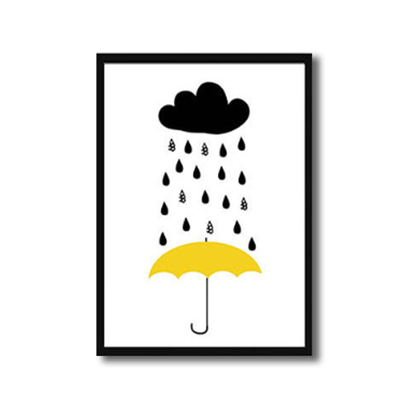 Modernist Umbrella and Raining Canvas White Art Print for Parlor, Multiple Sizes