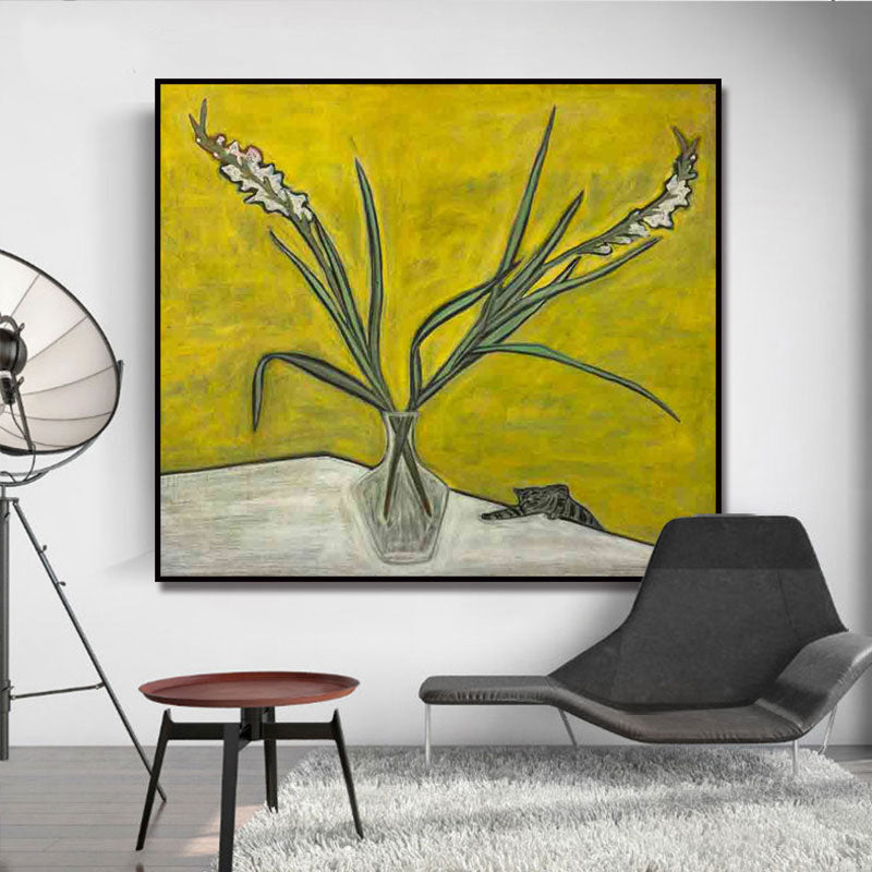 Scandinavian Flower and Vase Painting Yellow Textured Wall Art Decor for Dining Room