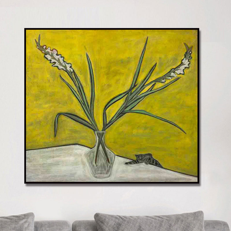 Scandinavian Flower and Vase Painting Yellow Textured Wall Art Decor for Dining Room