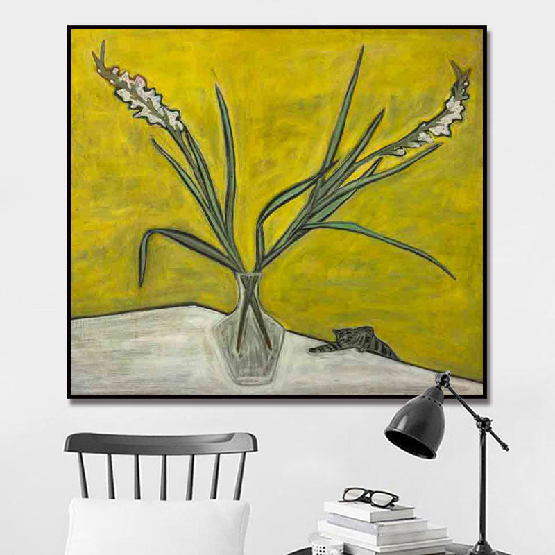 Scandinavian Flower and Vase Painting Yellow Textured Wall Art Decor for Dining Room