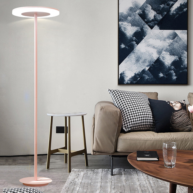 Lámpara de pie en forma de disco acrílico iluminación del piso LED de estilo macarrón con tallo tubular delgado en rosa/amarillo, cálida/blanca luz