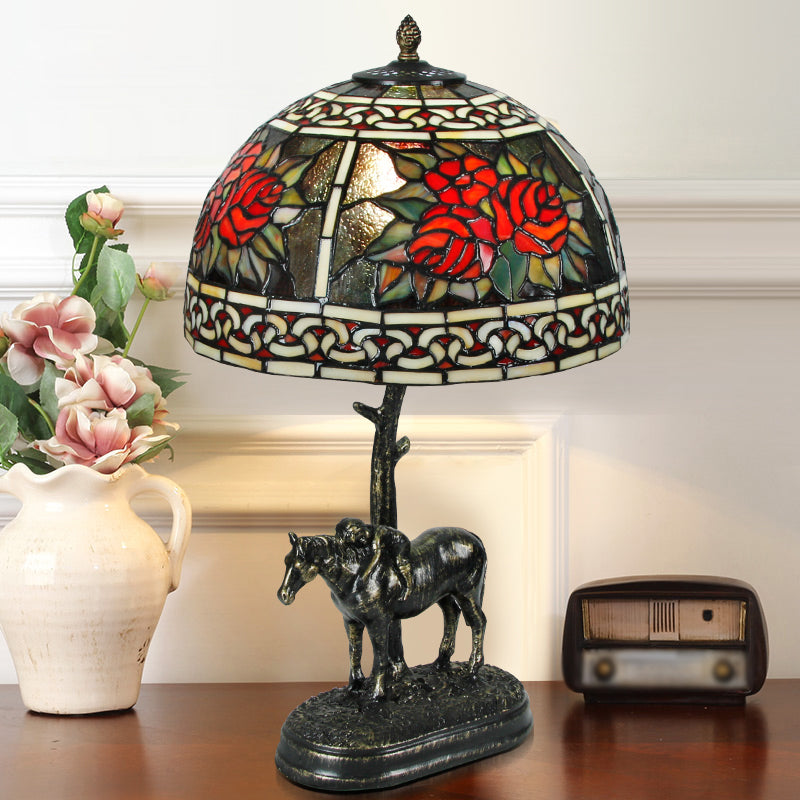 Stained Glass Bronze Desk Lamp Bowl 1-Bulb Vintage Night Table Light with Boy on Horse Deco