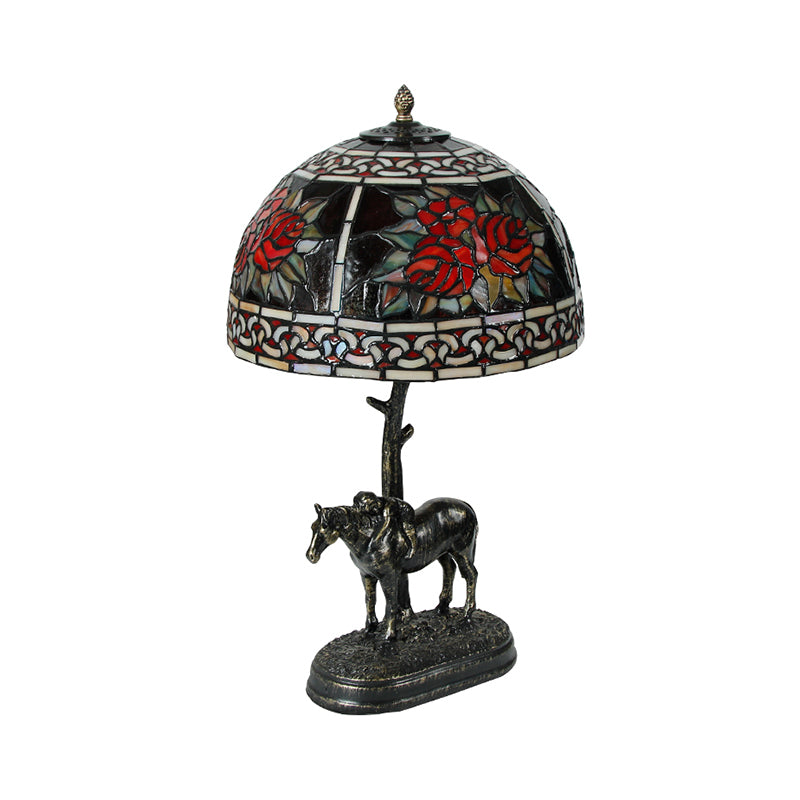 Stained Glass Bronze Desk Lamp Bowl 1-Bulb Vintage Night Table Light with Boy on Horse Deco