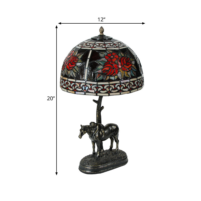 Stained Glass Bronze Desk Lamp Bowl 1-Bulb Vintage Night Table Light with Boy on Horse Deco