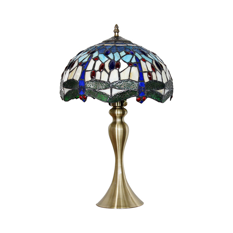 Blue 1 Head Table Lighting Mediterranean Stained Glass Scalloped Nightstand Lamp with Beaded