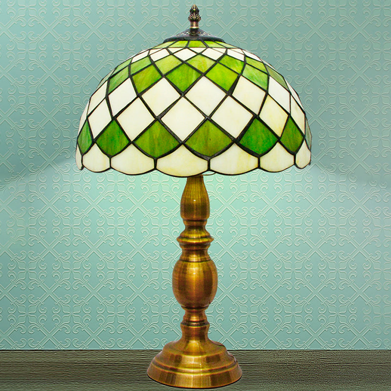 Single Bulb Dome Nightstand Lamp Classic Green Hand Cut Glass Desk Light with Grid Pattern