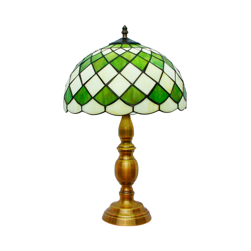 Single Bulb Dome Nightstand Lamp Classic Green Hand Cut Glass Desk Light with Grid Pattern