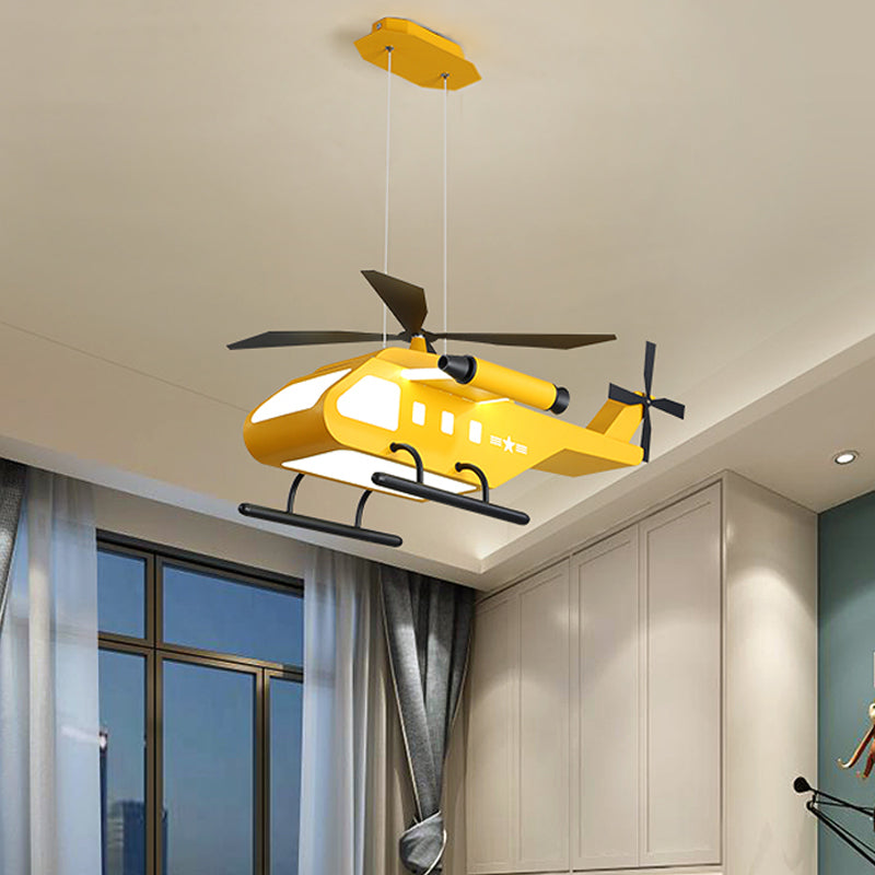 Cartoon LED Pendant Lighting with Metal Shade Yellow/Green Helicopter Hanging Lamp kit for Boys Room