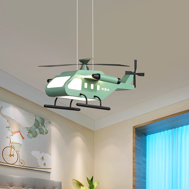 Cartoon LED Pendant Lighting with Metal Shade Yellow/Green Helicopter Hanging Lamp kit for Boys Room