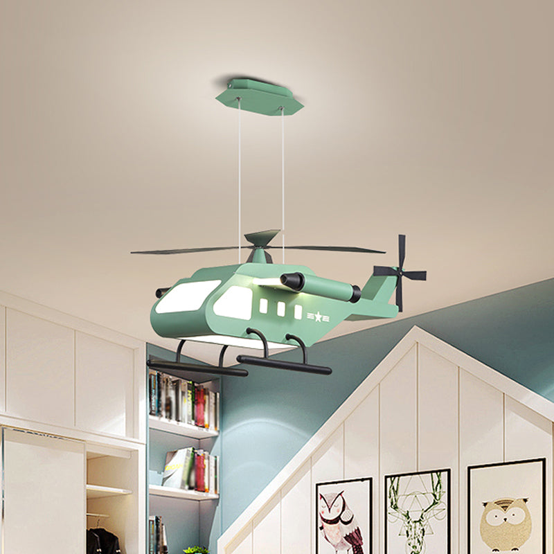 Cartoon LED Pendant Lighting with Metal Shade Yellow/Green Helicopter Hanging Lamp kit for Boys Room