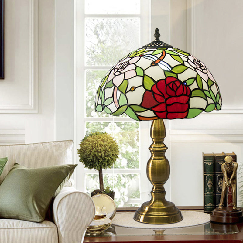 Brass 1 Light Night Lamp Traditional Green Glass Dome Task Lighting with Rose and Dragonfly Pattern