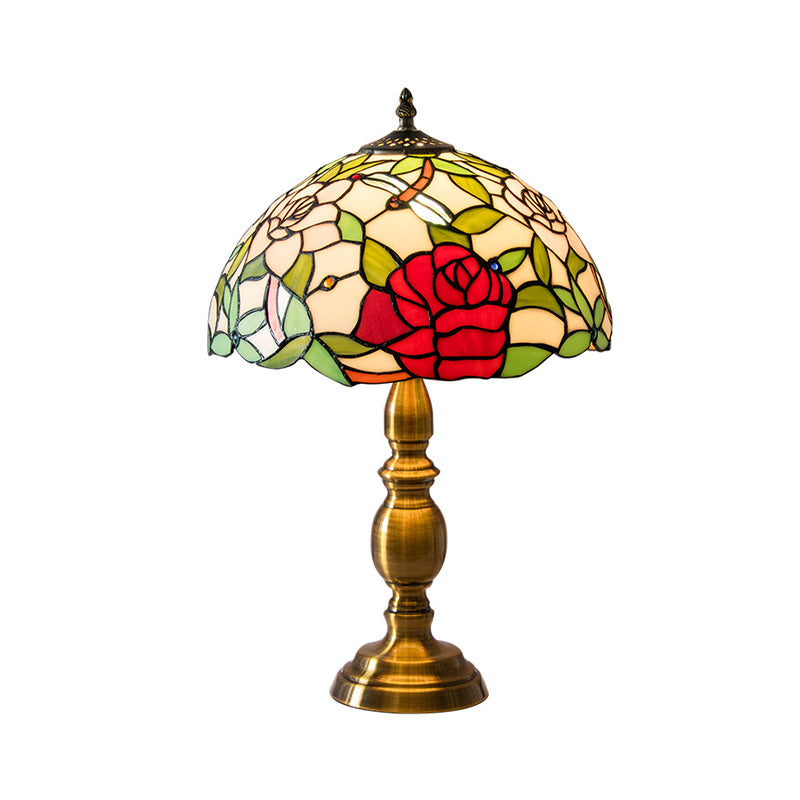 Brass 1 Light Night Lamp Traditional Green Glass Dome Task Lighting with Rose and Dragonfly Pattern