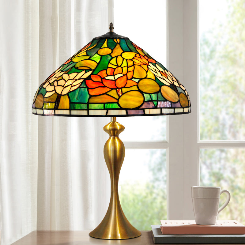 1 Head Night Light Vintage Conical Multicolored Stained Glass Desk Lamp with Lotus Pattern in Brass