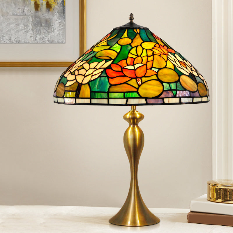 1 Head Night Light Vintage Conical Multicolored Stained Glass Desk Lamp with Lotus Pattern in Brass