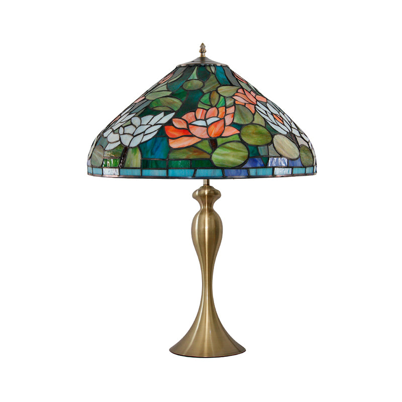 1 Head Night Light Vintage Conical Multicolored Stained Glass Desk Lamp with Lotus Pattern in Brass