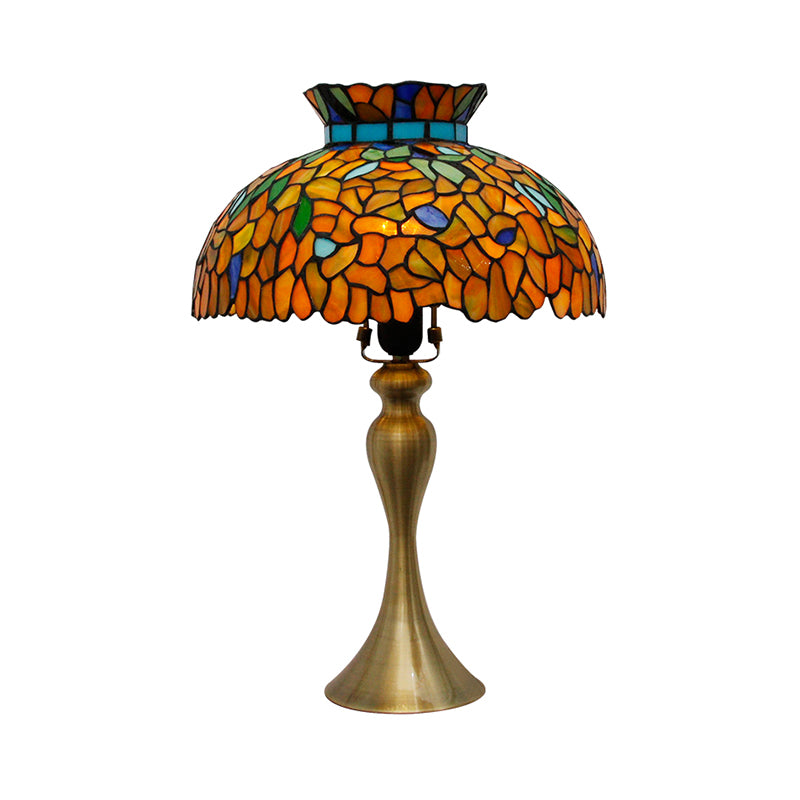 Stained Glass Dome Nightstand Lamp Vintage 1 Light Brass Desk Lighting with Mermaid Base