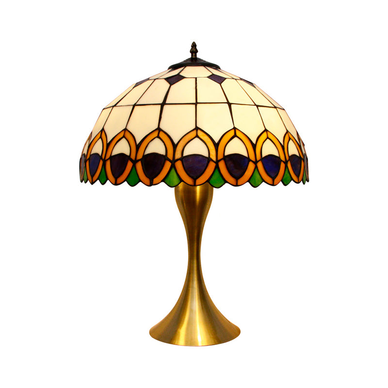 1-Light Nightstand Lighting Traditional Bowl Stained Art Glass Desk Lamp with Peacock Feather Pattern in Brass