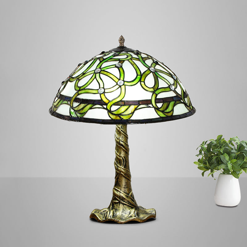 Bowl Hand-Cut Stained Glass Table Light Baroque 1 Bulb Brass Night Lamp with Pull Chains