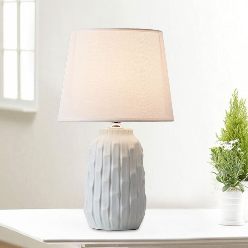 Modernist Conical Table Light Fabric 1 Head Bedroom Desk Lamp with Cylinder Ceramic Base in White/Pink/Blue