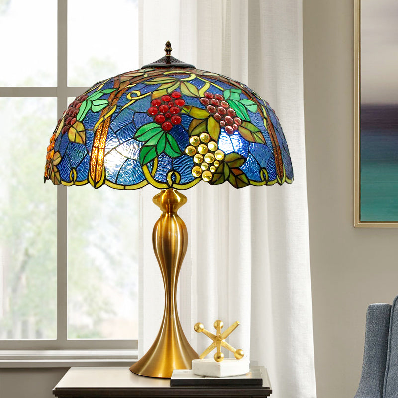 Dome Nightstand Lighting Classic Hand Cut Glass 1 Light Brass Table Lamp with Grapes Pattern