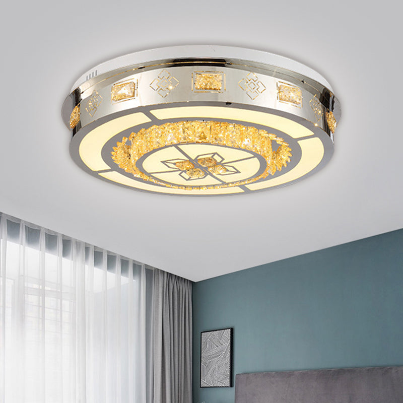 Living Room LED Flush Mount Simplicity Stainless-Steel Cubic Ceiling Fixture with Round Crystal Shade