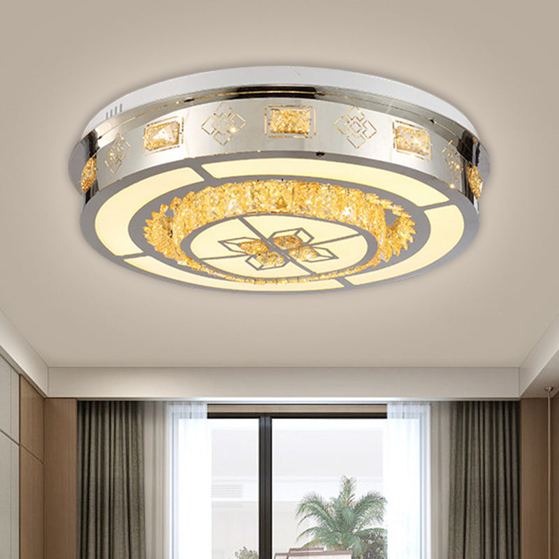 Living Room LED Flush Mount Simplicity Stainless-Steel Cubic Ceiling Fixture with Round Crystal Shade