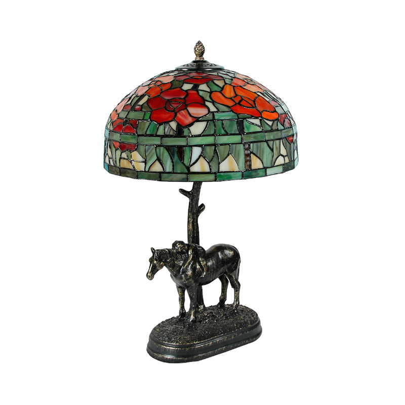 1 Head Table Light Antique Horse Resin Nightstand Lamp with Domed Cut Glass Shade in Bronze