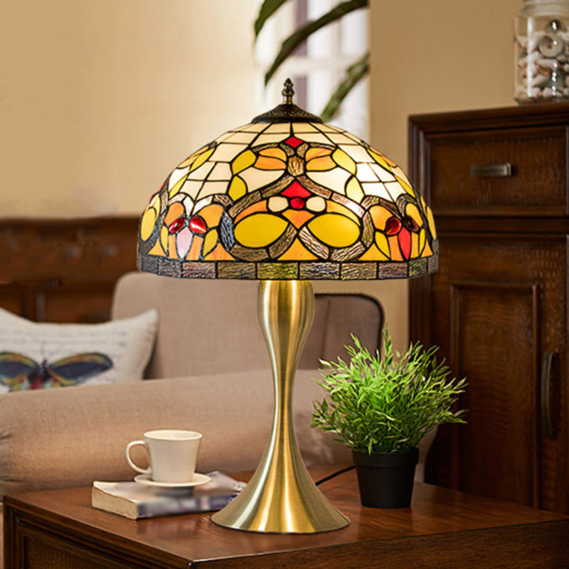 Cut Glass Domed Desk Light Baroque 1-Bulb Brass Nightstand Lamp with Fishtail Base