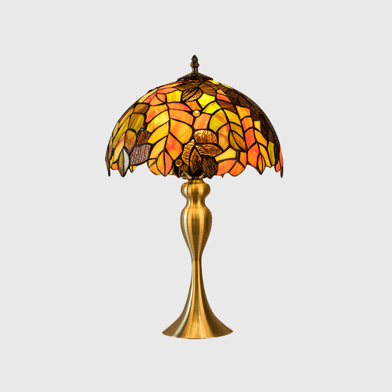 Brass Bowl Night Table Lamp Classic Single Head Hand-Crafted Glass Desk Light with Leaf Pattern