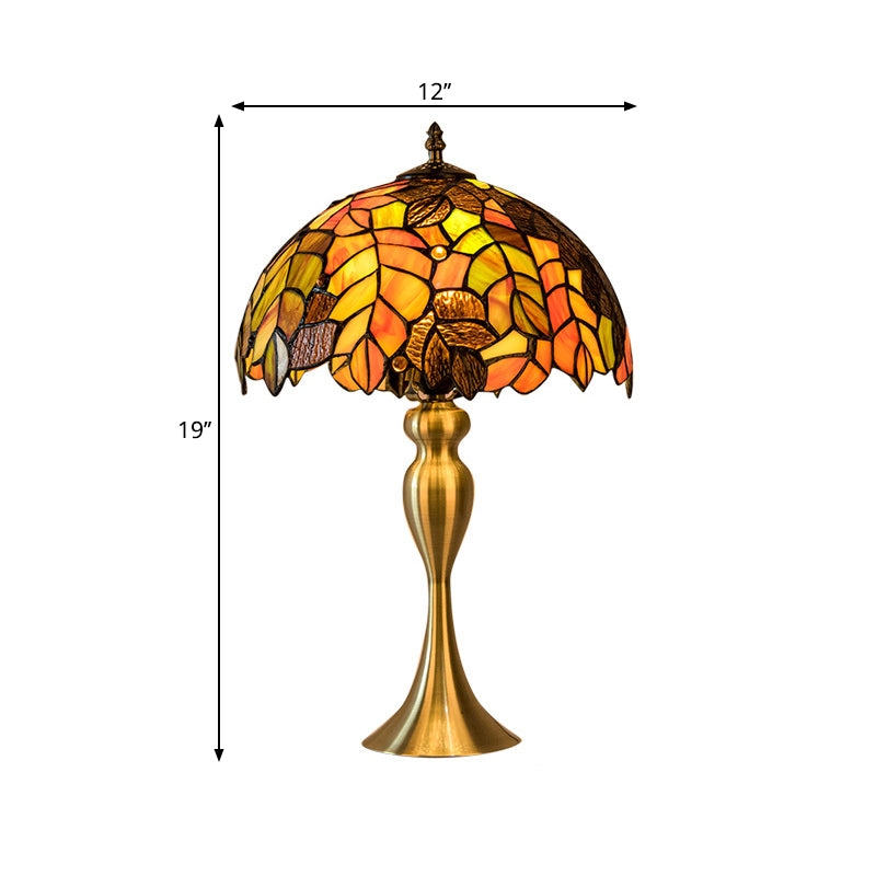 Brass Bowl Night Table Lamp Classic Single Head Hand-Crafted Glass Desk Light with Leaf Pattern