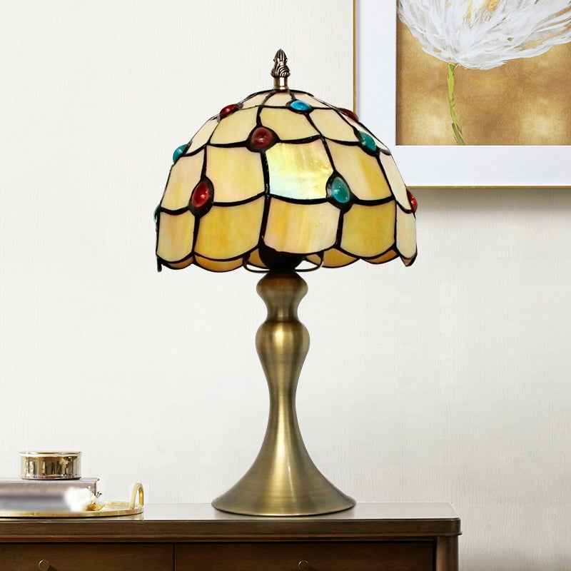 Scalloped Night Light Single Bulb Hand Cut Glass Classic Table Lamp with Jewel Deco in Brass