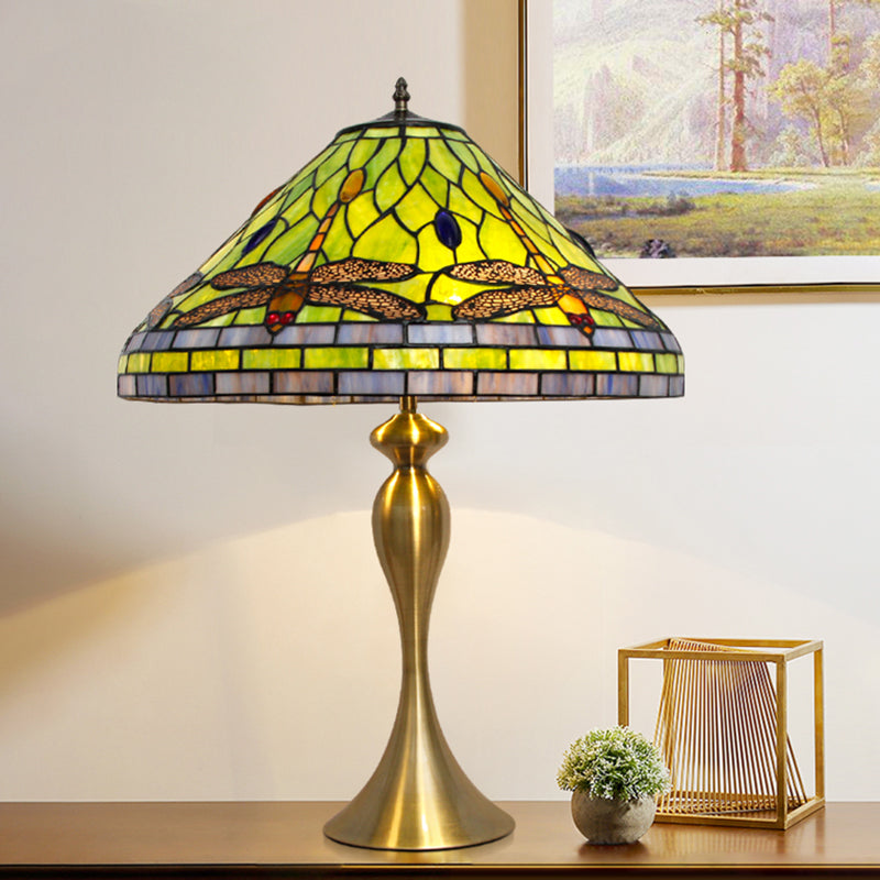 Conic Empire Table Lamp 1 Bulb Handcrafted Art Glass Antique Nightstand Light with Dragonfly Pattern in Brass