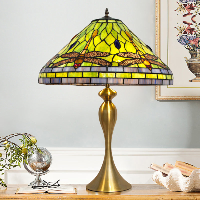 Conic Empire Table Lamp 1 Bulb Handcrafted Art Glass Antique Nightstand Light with Dragonfly Pattern in Brass