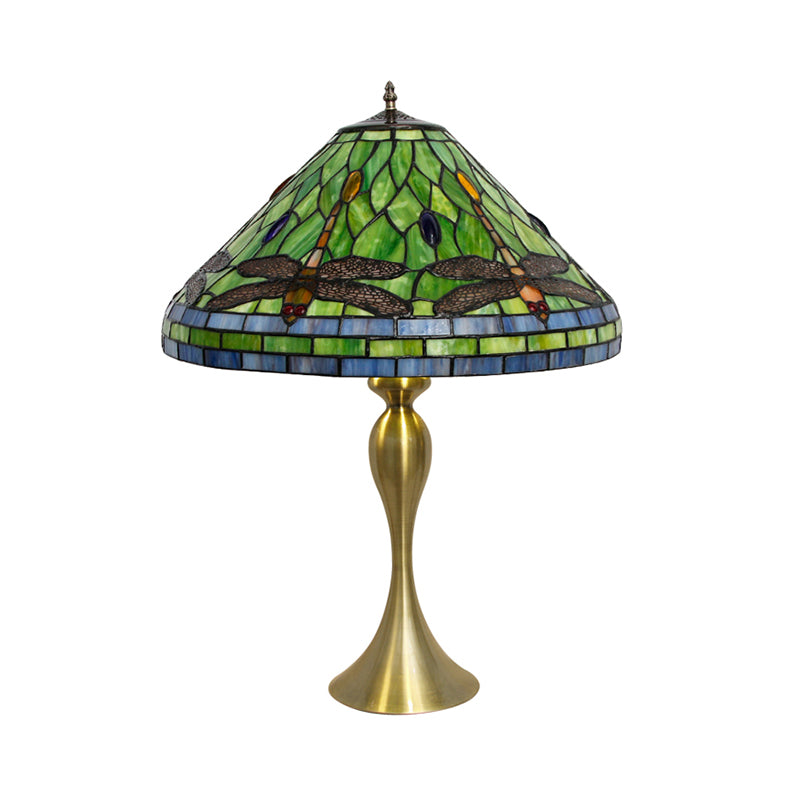 Conic Empire Table Lamp 1 Bulb Handcrafted Art Glass Antique Nightstand Light with Dragonfly Pattern in Brass