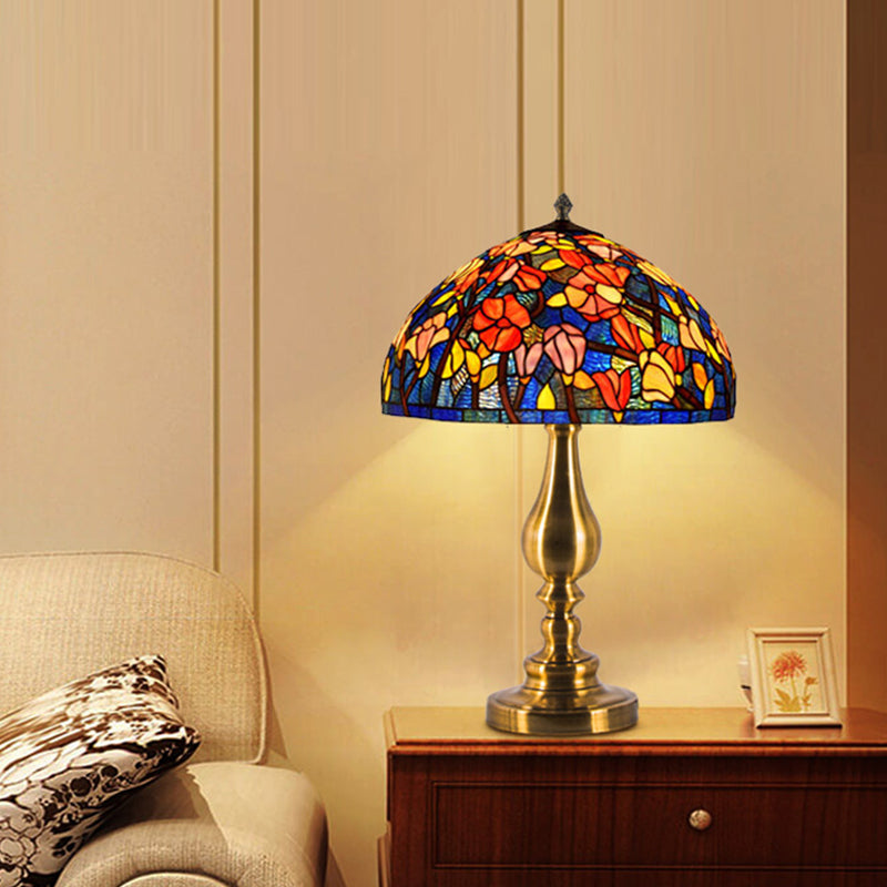 Tiffany Glass Brass Table Lamp Domed 1 Light Classic Night Lighting with Magnolia Pattern