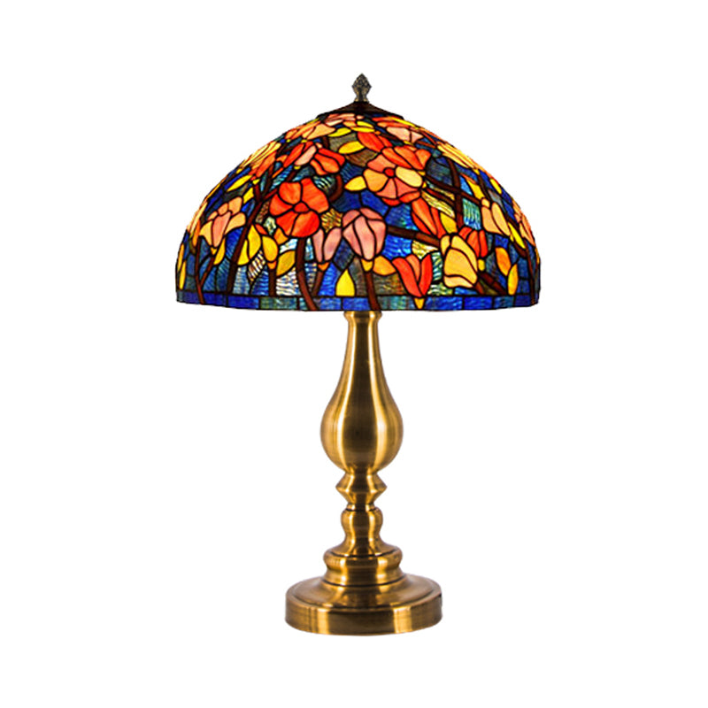 Tiffany Glass Brass Table Lamp Domed 1 Light Classic Night Lighting with Magnolia Pattern