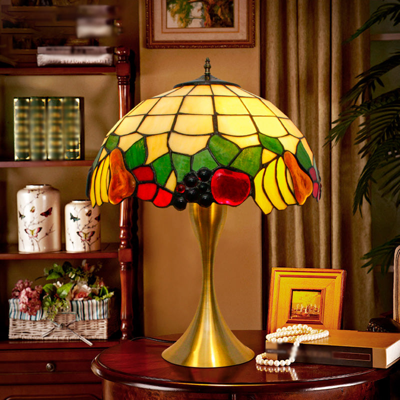 Brass Fruit Night Table Lamp Classic 1-Head Tiffany Glass Task Lighting with Pull Chains