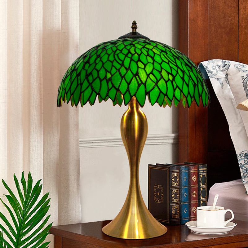 1 Light Leaf Dome Nightstand Lamp Tiffany Green Handcrafted Stained Glass Table Lighting